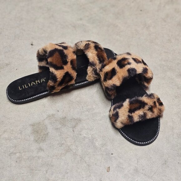 Liliana Shoes - Leopard Print Faux Fur Double Strap Slides Chic Womens Indoor/Outdoor Footwear